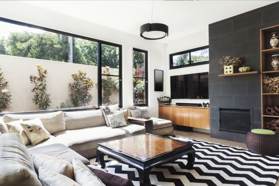 Bright, naturally lit living room interior